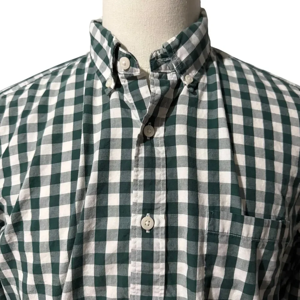 J. Crew 100% Cotton Green White Plaid Button Down Shirt Sz L Preppy Classic